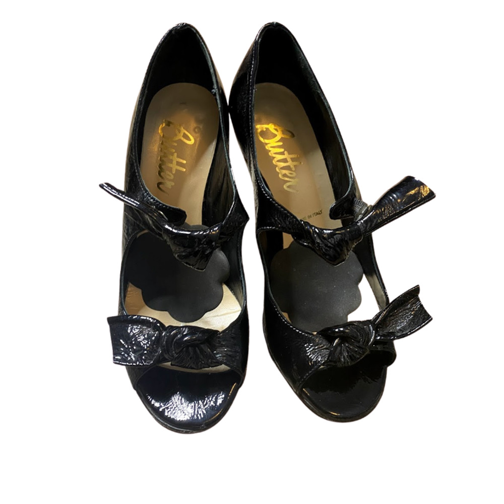 Butter Black Patent Leather Peep Toe Double Bow
